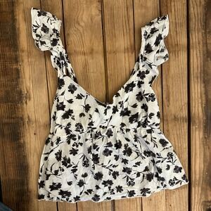Urban Romantics Floral Peplum Top XL Black White Ruffle Tie Back Rayon Linen
